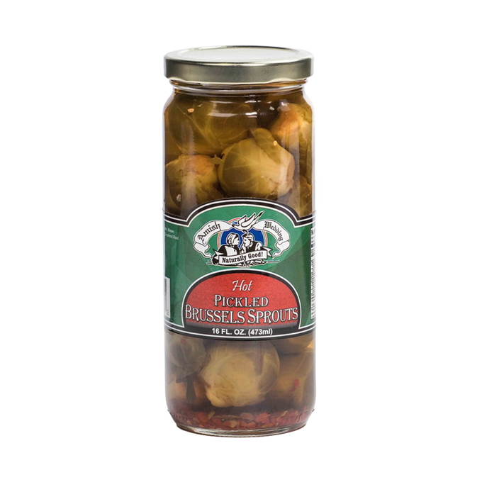 Glass jar filled with spicy pickled Brussels sprouts in tangy brine, featuring a metal lid and label highlighting handcrafted quality, perfect for Kitchen & Food, Food, Pantry, USA Made, Best Sellers, and Promo Eligible collections.