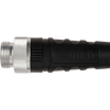Close-up of the black crush-proof coupling on a lightweight, flexible garden hose designed for easy handling, storage, and durability in farm and garden settings.