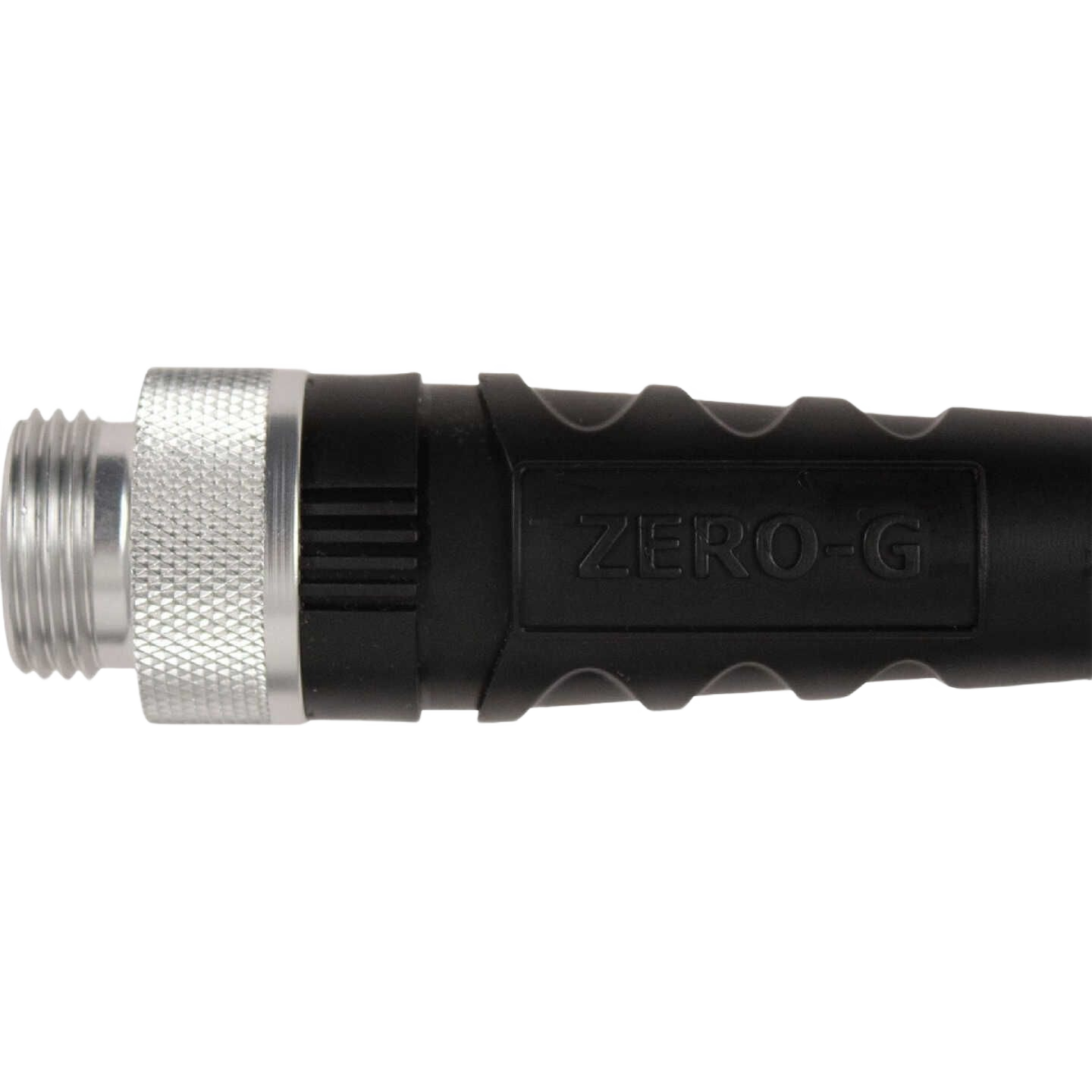 Close-up of the black crush-proof coupling on a lightweight, flexible garden hose designed for easy handling, storage, and durability in farm and garden settings.