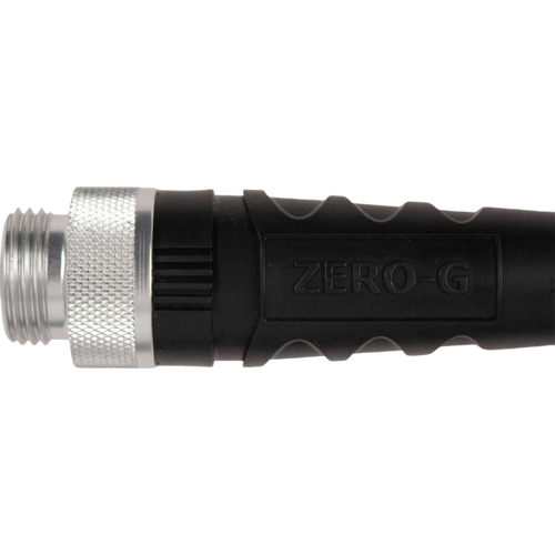 Close-up of the black crush-proof coupling on a lightweight, flexible garden hose designed for easy handling, storage, and durability in farm and garden settings.
