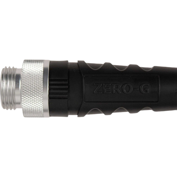 Close-up of the black crush-proof coupling on a lightweight, flexible garden hose designed for easy handling, storage, and durability in farm and garden settings.