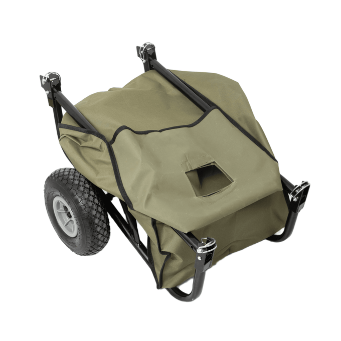 Foldable outdoor cart with durable olive green fabric liner and sturdy black steel frame featuring two large wheels, designed for hauling firewood and garden tools in Farm, Garden & Tool collections.