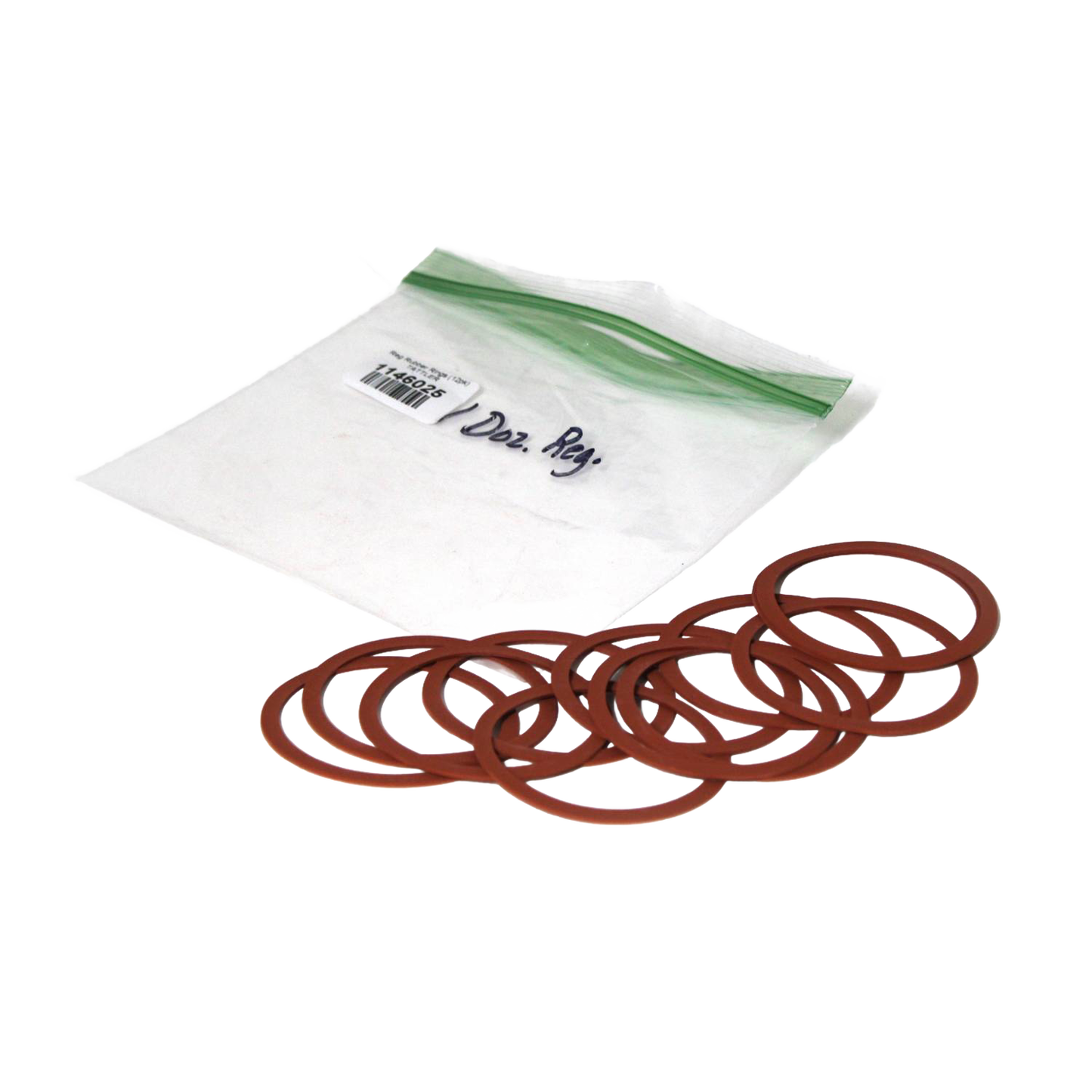 Set of twelve red replacement rubber rings for reusable canning jar lids, shown with a resealable plastic bag, suited for Kitchen & Food and Canning Accessories collections.