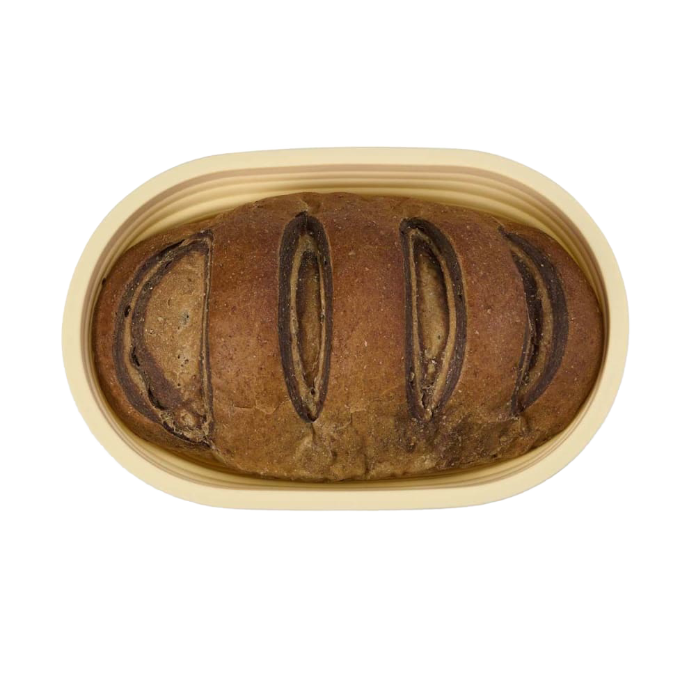 Light beige collapsible proofing basket made of silicone with steel rim, holding a rustic oval loaf with scored top, suitable for Kitchen & Food, Baking Supplies, and Bread Making collections.