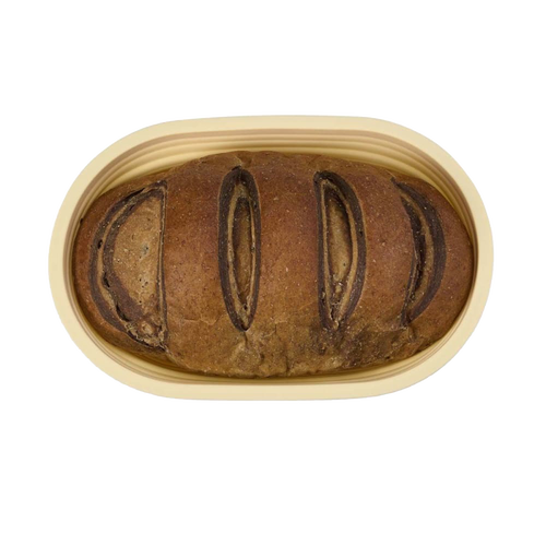 Light beige collapsible proofing basket made of silicone with steel rim, holding a rustic oval loaf with scored top, suitable for Kitchen & Food, Baking Supplies, and Bread Making collections.