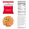 Packaged ReadyWise teriyaki rice with savory sauce, carrots, and peppers, alongside a serving of the cooked dish on a white plate and its detailed nutrition facts label, part of emergency supplies and freeze dried food collections.