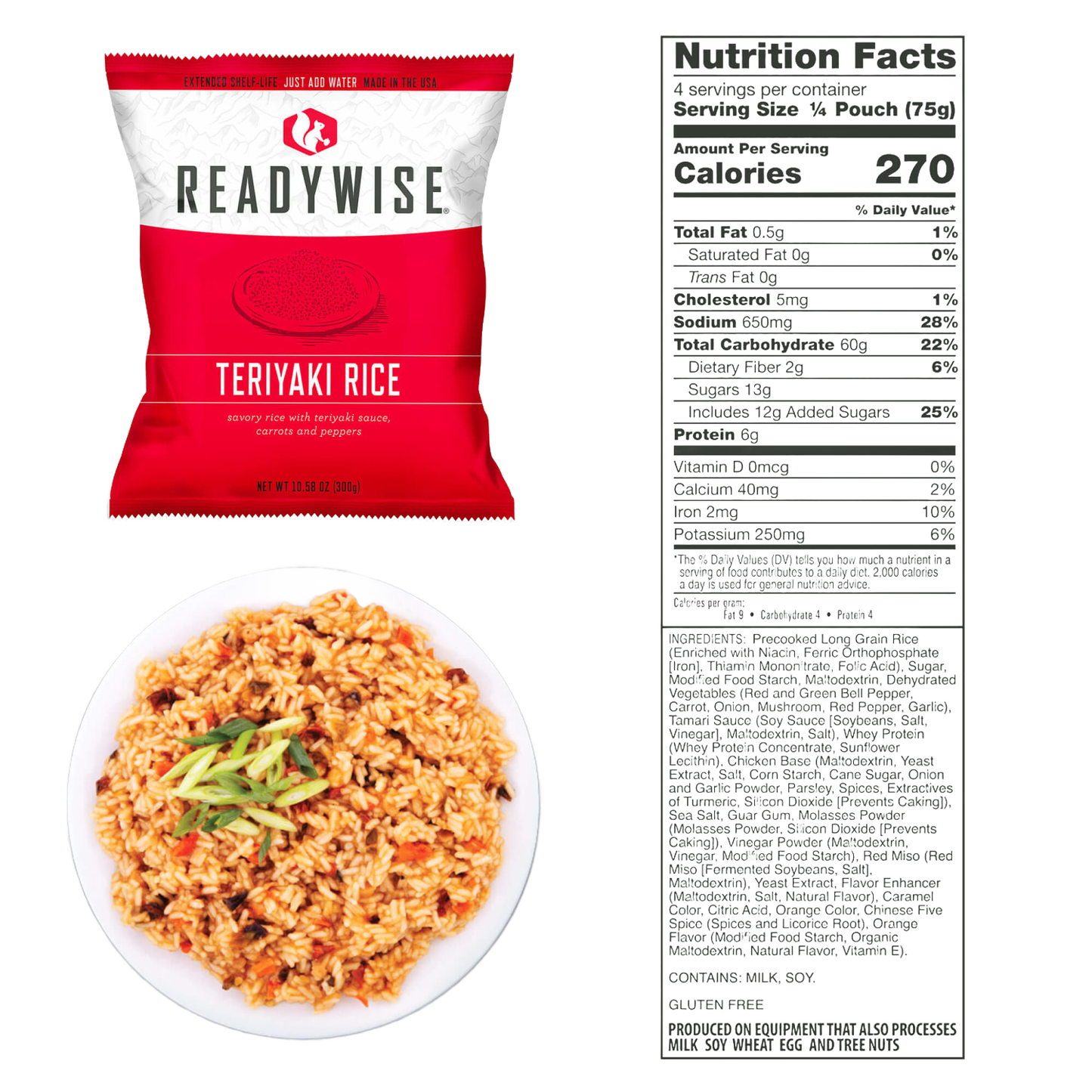 Packaged ReadyWise teriyaki rice with savory sauce, carrots, and peppers, alongside a serving of the cooked dish on a white plate and its detailed nutrition facts label, part of emergency supplies and freeze dried food collections.