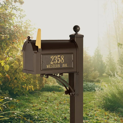 Handcrafted bronze mailbox with gold address plaque and flag mounted on decorative post, enhancing curb appeal in Home & Decor, Mailboxes and Address Signs, and USA Made collections.
