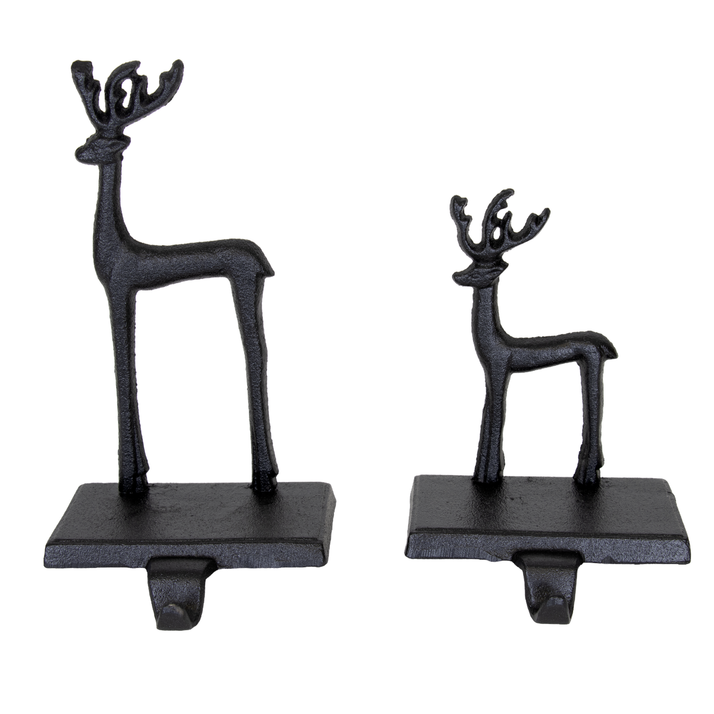Set of two handcrafted black iron deer stocking holders in large and small sizes, designed for sturdy and charming holiday mantel display, perfect for Home & Decor and Holiday Decor collections.