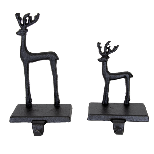 Set of two handcrafted black iron deer stocking holders in large and small sizes, designed for sturdy and charming holiday mantel display, perfect for Home & Decor and Holiday Decor collections.