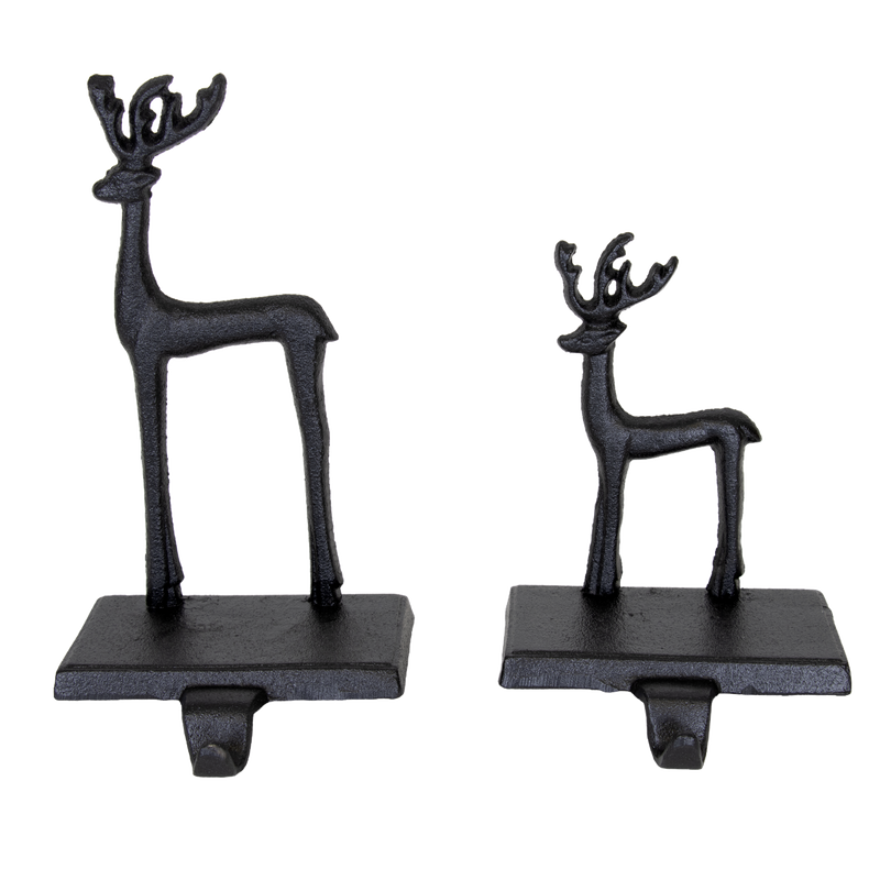 Set of two handcrafted black iron deer stocking holders in large and small sizes, designed for sturdy and charming holiday mantel display, perfect for Home & Decor and Holiday Decor collections.
