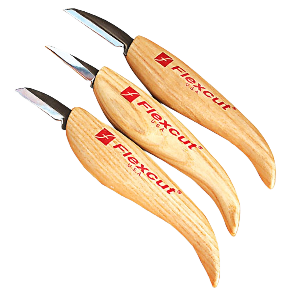 Set of three flexible carving knives with sharp steel blades and smooth wooden handles branded Flexcut USA, designed for detailed wood whittling and carving tasks, featured in Farm, Garden & Tool and Hand Tools and Hardware collections.