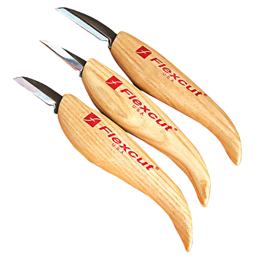 Set of three flexible carving knives with sharp steel blades and smooth wooden handles branded Flexcut USA, designed for detailed wood whittling and carving tasks, featured in Farm, Garden & Tool and Hand Tools and Hardware collections.