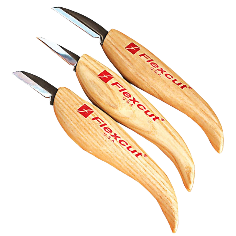 Set of three flexible carving knives with sharp steel blades and smooth wooden handles branded Flexcut USA, designed for detailed wood whittling and carving tasks, featured in Farm, Garden & Tool and Hand Tools and Hardware collections.