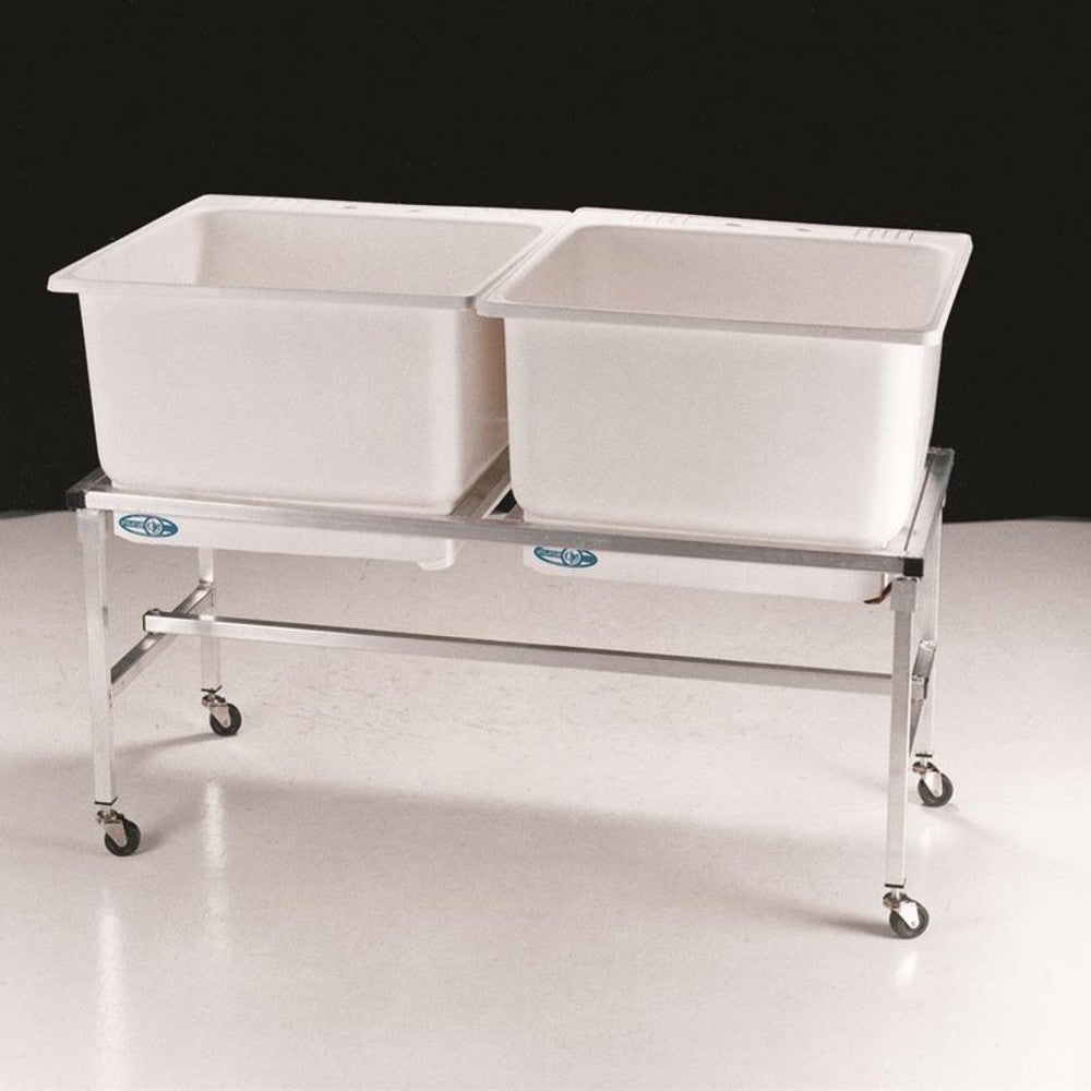 Sturdy tubular aluminum frame with two white rinse tubs on caster wheels for easy mobility, designed for efficient double rinsing, featured in Laundry Supplies and USA Made collections.
