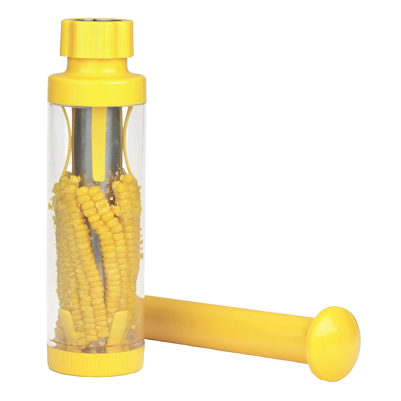 Yellow plastic and stainless steel corn stripper with transparent cylinder to catch kernels, designed for efficient, mess-free corn preparation in Kitchen & Food, Food Preservation, and Freezing collections.