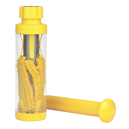 Yellow plastic and stainless steel corn stripper with transparent cylinder to catch kernels, designed for efficient, mess-free corn preparation in Kitchen & Food, Food Preservation, and Freezing collections.