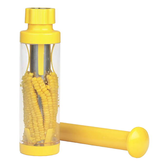 Yellow plastic and stainless steel corn stripper with transparent cylinder to catch kernels, designed for efficient, mess-free corn preparation in Kitchen & Food, Food Preservation, and Freezing collections.