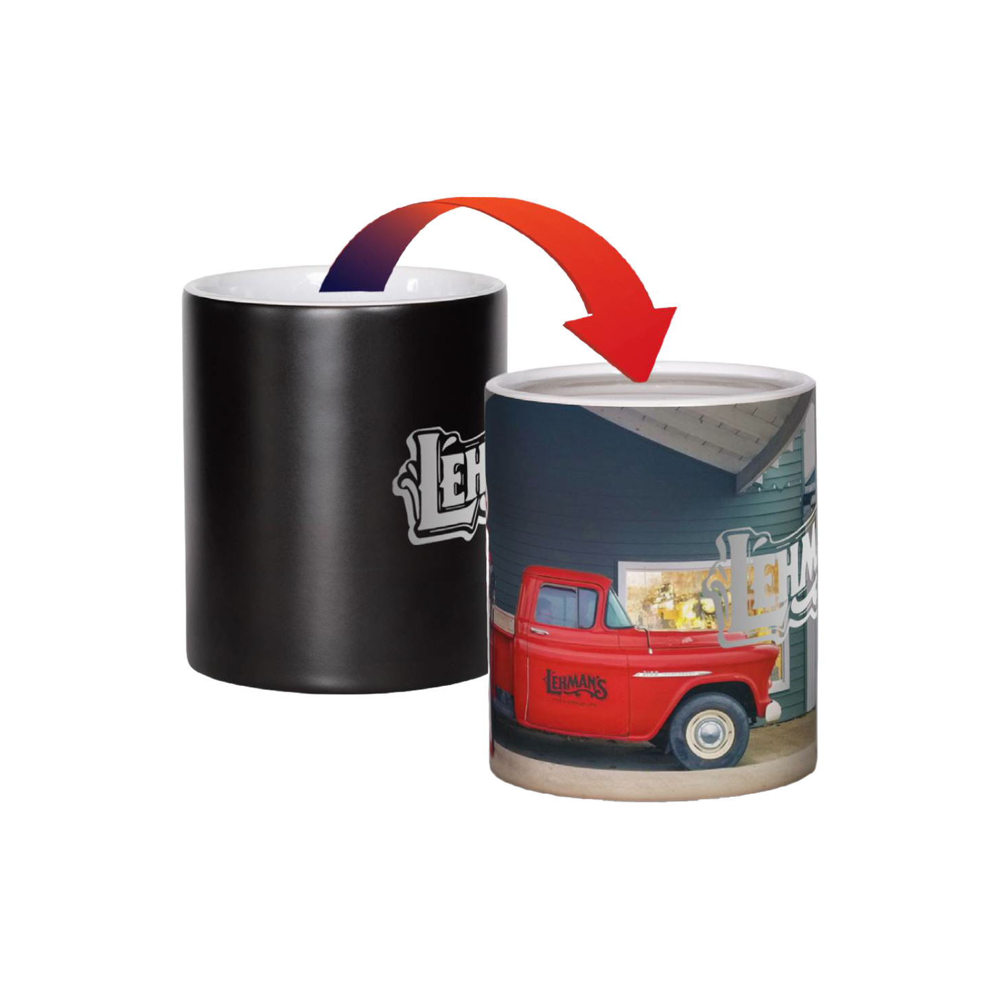 Ceramic coffee mug that reveals a vibrant image of Lehman's storefront and red vintage truck when filled with hot liquid, ideal for Kitchen & Food and USA Made collections.