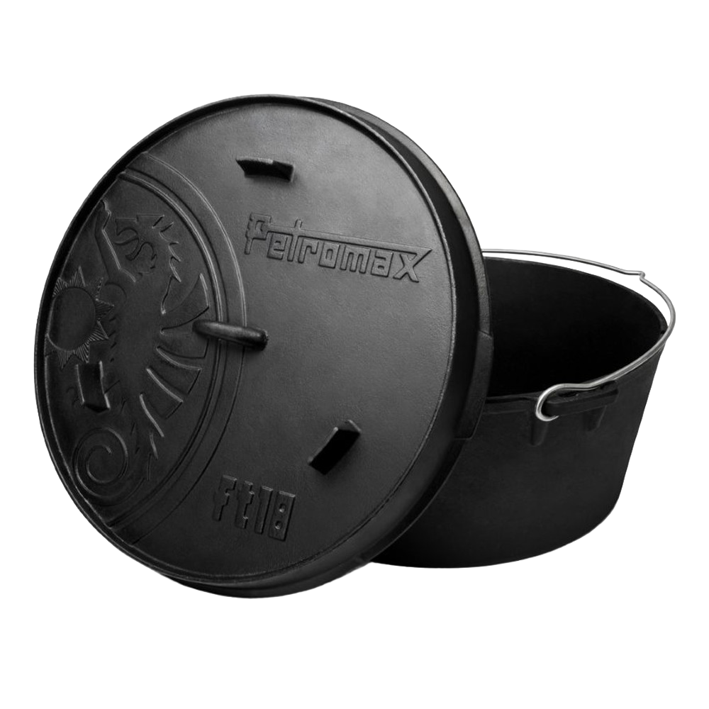 Seasoned cast iron Dutch oven with flat base, featuring a lid embossed with a unique sunburst pattern and the Petromax logo, perfect for Kitchen & Food, Cookware, Cast Iron collections.