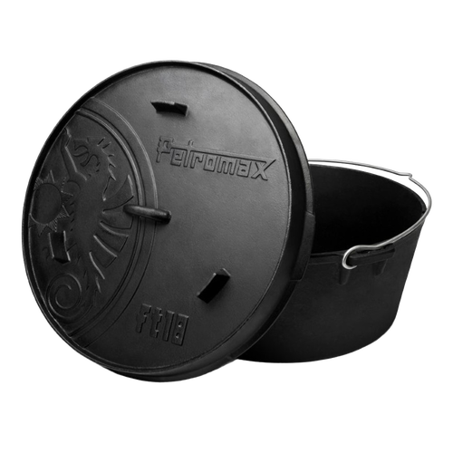 Seasoned cast iron Dutch oven with flat base, featuring a lid embossed with a unique sunburst pattern and the Petromax logo, perfect for Kitchen & Food, Cookware, Cast Iron collections.