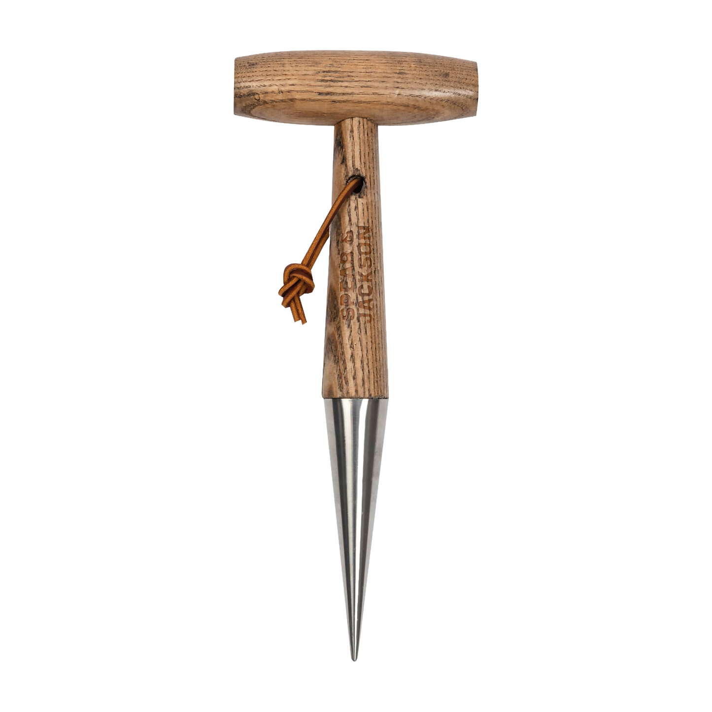 Spear & Jackson Stainless Dibber planting tool with a polished stainless steel tip and smooth wooden handle featuring a leather loop, ideal for Farm, Garden & Tool and Seeds and Planting collections.
