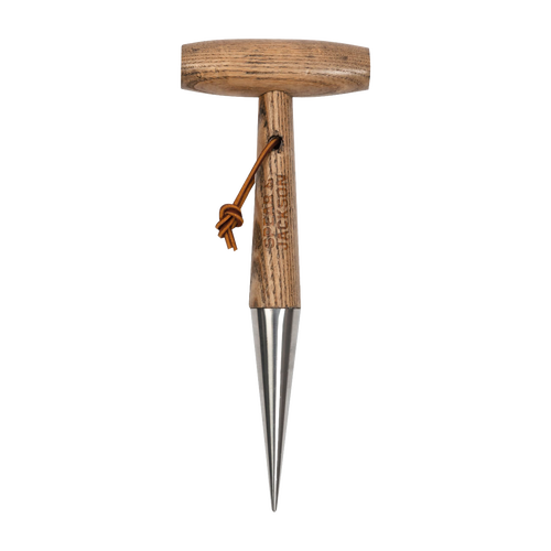Spear & Jackson Stainless Dibber planting tool with a polished stainless steel tip and smooth wooden handle featuring a leather loop, ideal for Farm, Garden & Tool and Seeds and Planting collections.