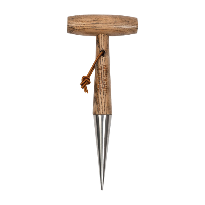 Spear & Jackson Stainless Dibber planting tool with a polished stainless steel tip and smooth wooden handle featuring a leather loop, ideal for Farm, Garden & Tool and Seeds and Planting collections.