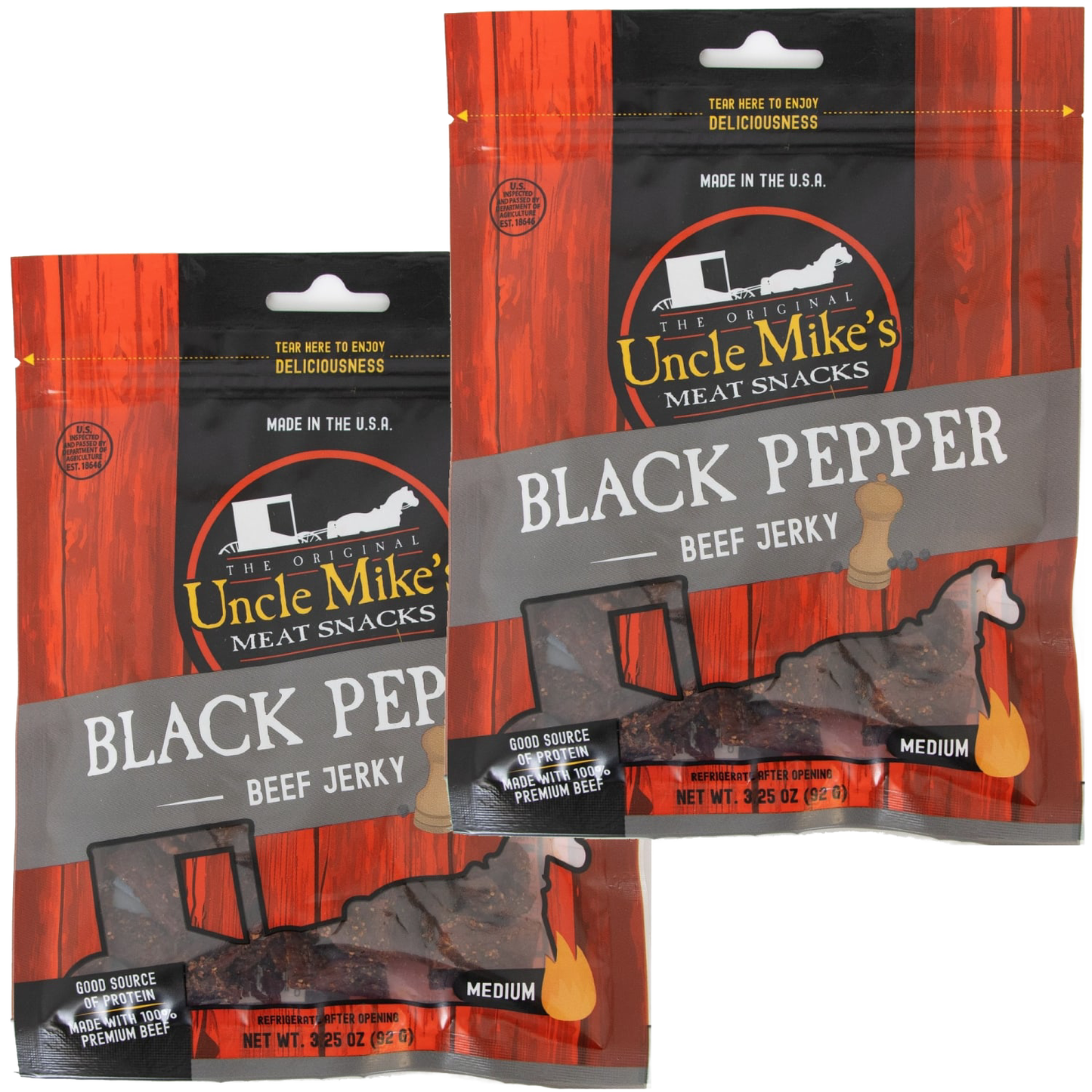 Two bags of traditional black pepper beef jerky featuring medium-spiced, protein-rich meat snacks made in USA, suitable for Kitchen & Food, Meats, and Best Sellers collections.
