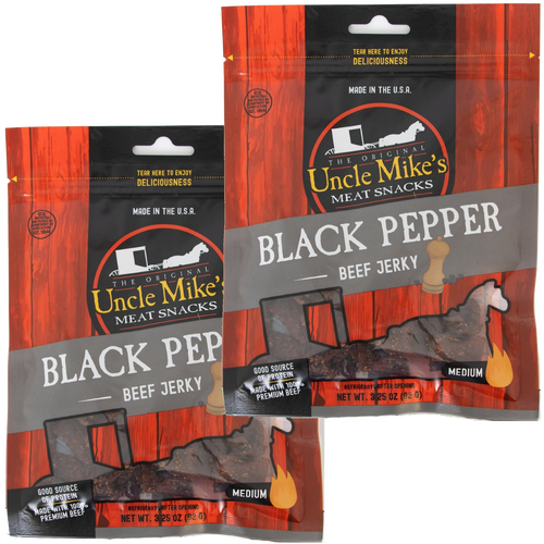 Two bags of traditional black pepper beef jerky featuring medium-spiced, protein-rich meat snacks made in USA, suitable for Kitchen & Food, Meats, and Best Sellers collections.