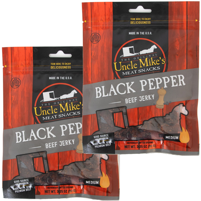 Two bags of traditional black pepper beef jerky featuring medium-spiced, protein-rich meat snacks made in USA, suitable for Kitchen & Food, Meats, and Best Sellers collections.
