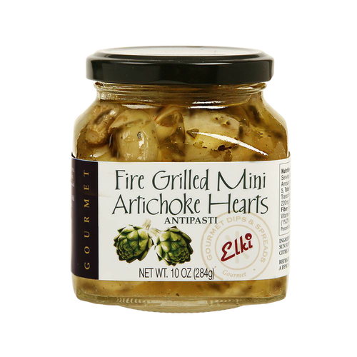 Glass jar of fire-grilled mini artichoke hearts antipasti with herbs, perfect for Kitchen & Food, Pantry, Best Sellers, and Promo Eligible collections, handcrafted for rich flavor.