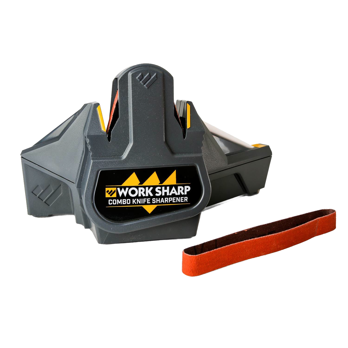 Compact electric knife sharpener with flexible abrasive belt and manual ceramic honing rod, designed for quick sharpening of various knives in Kitchen & Food and Farm, Garden & Tool collections.