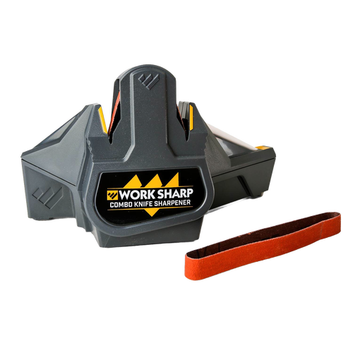 Compact electric knife sharpener with flexible abrasive belt and manual ceramic honing rod, designed for quick sharpening of various knives in Kitchen & Food and Farm, Garden & Tool collections.