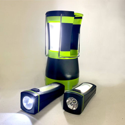 Black and green LED lantern with bright white light, accompanied by two detachable flashlights, designed for versatile use in camping, emergency supplies, and outdoor lighting collections.