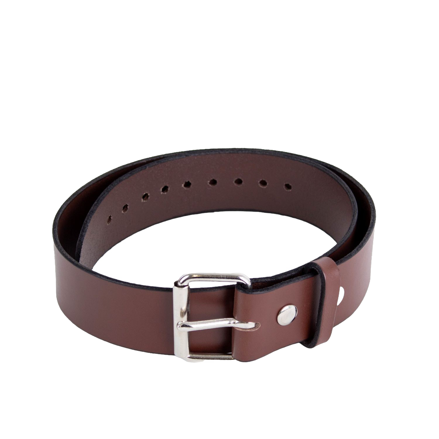Handcrafted Amish-made brown leather belt made from 100% genuine cowhide with polished chrome buckle and snaps, featured in Health & Wellness, USA Made, Amish Made, Best Sellers, Promo Eligible collections.