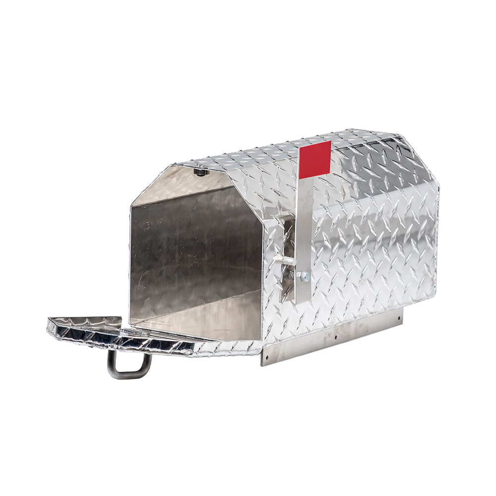 Handcrafted Amish made indestructible mailbox in durable diamond plate aluminum with magnetic closure and red flag, ideal for Home & Decor and Farm, Garden & Tool collections.