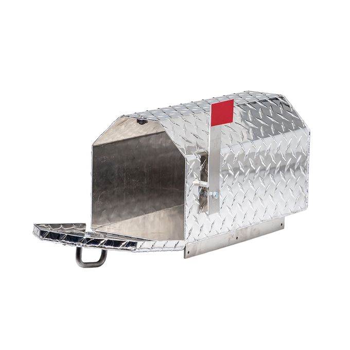 Handcrafted Amish made indestructible mailbox in durable diamond plate aluminum with magnetic closure and red flag, ideal for Home & Decor and Farm, Garden & Tool collections.