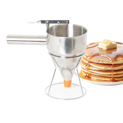 Stainless steel kitchen batter dispenser with thumb lever and stand, featuring a sealed silicone plug and orange tip, ideal for precise batter control in cookware and baking supplies collections.