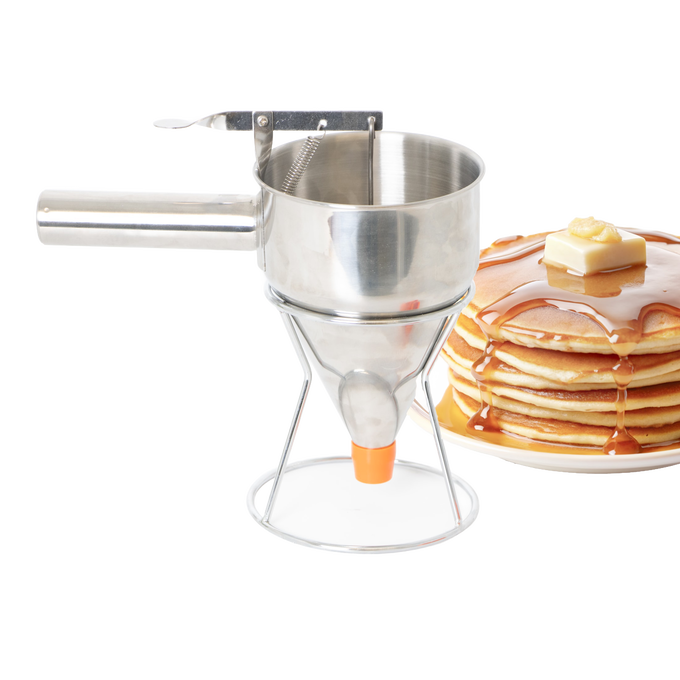Stainless steel kitchen batter dispenser with thumb lever and stand, featuring a sealed silicone plug and orange tip, ideal for precise batter control in cookware and baking supplies collections.