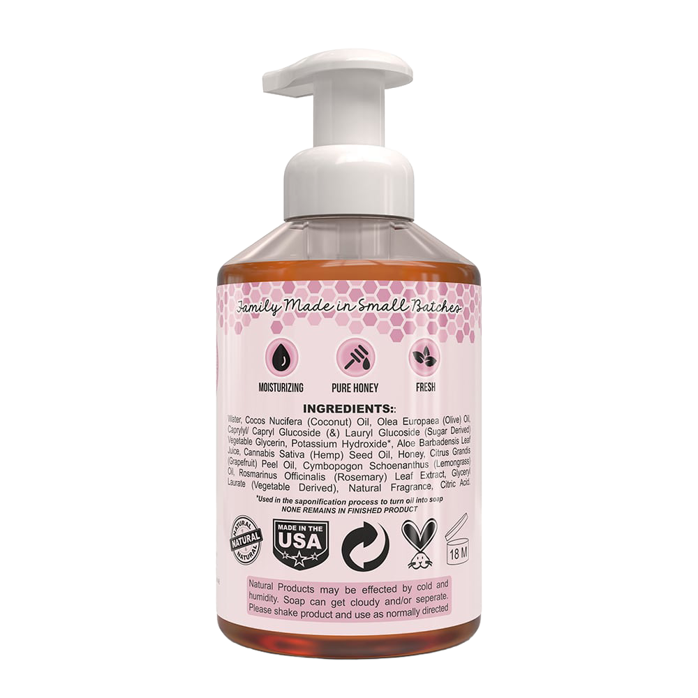 Back label of a 16 fl oz pump bottle of handcrafted natural moisturizing foaming hand soap featuring ingredients like pure honey and coconut oil, made in small batches in the USA, ideal for Health & Wellness, Soaps, USA Made, and Best Sellers collections.