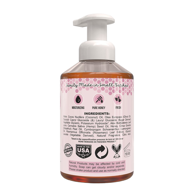 Back label of a 16 fl oz pump bottle of handcrafted natural moisturizing foaming hand soap featuring ingredients like pure honey and coconut oil, made in small batches in the USA, ideal for Health & Wellness, Soaps, USA Made, and Best Sellers collections.