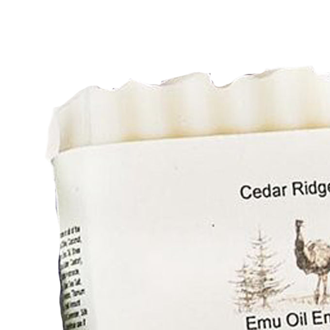Handcrafted creamy white bar soap with textured top edge, labeled with emu illustration and natural ingredients, highlighting USA made health and wellness soap collections.