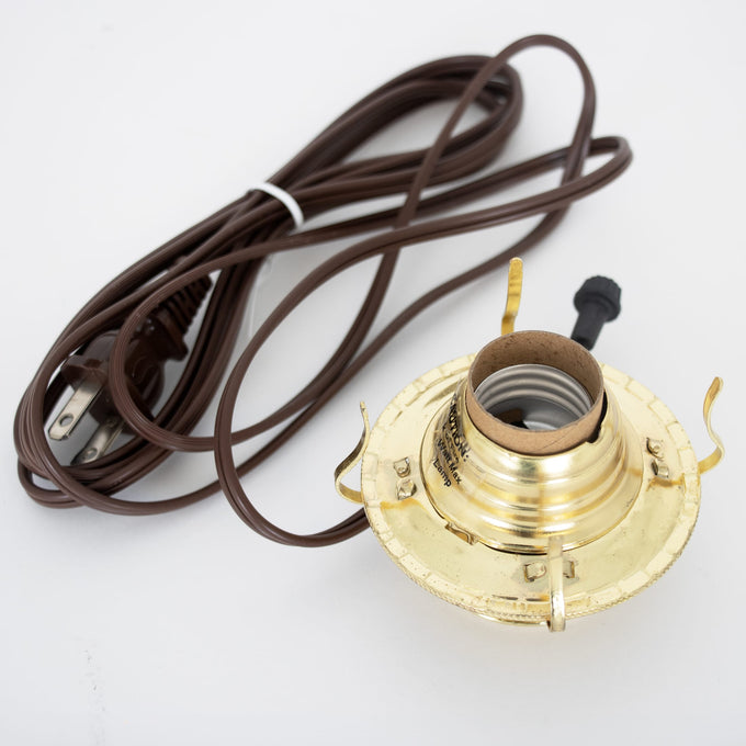 Handcrafted brass plated electrified burner featuring a threaded base and removable collar, with a UL listed brown 6 ft. cord, ideal for Lamps & Lighting, Parts and Accessories, and Electric Conversion collections.