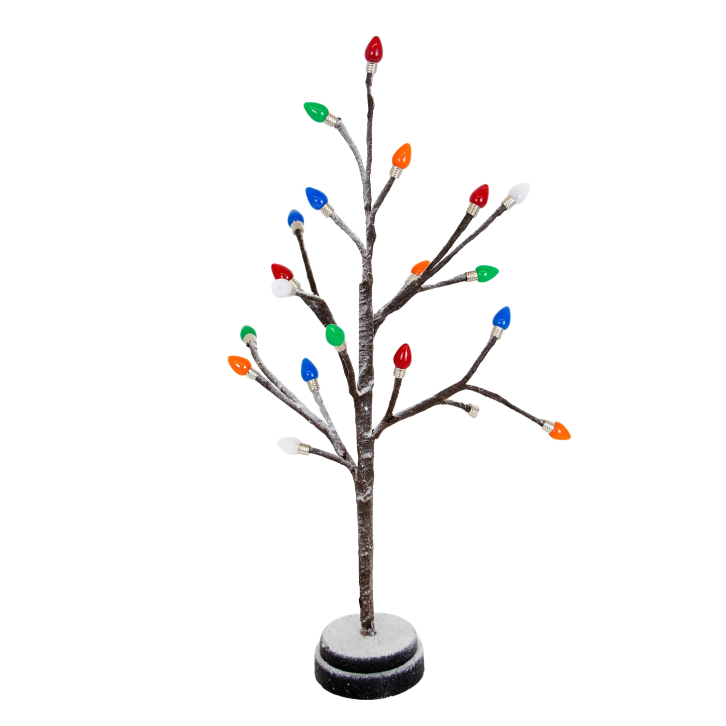 Handcrafted small holiday tree with snow-dusted branches and colorful light bulb caps, battery operated, perfect for Home & Decor, Holiday Decor, Best Sellers, and Promo Eligible collections.