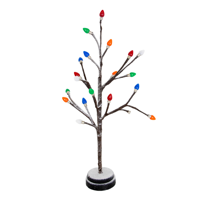 Handcrafted small holiday tree with snow-dusted branches and colorful light bulb caps, battery operated, perfect for Home & Decor, Holiday Decor, Best Sellers, and Promo Eligible collections.
