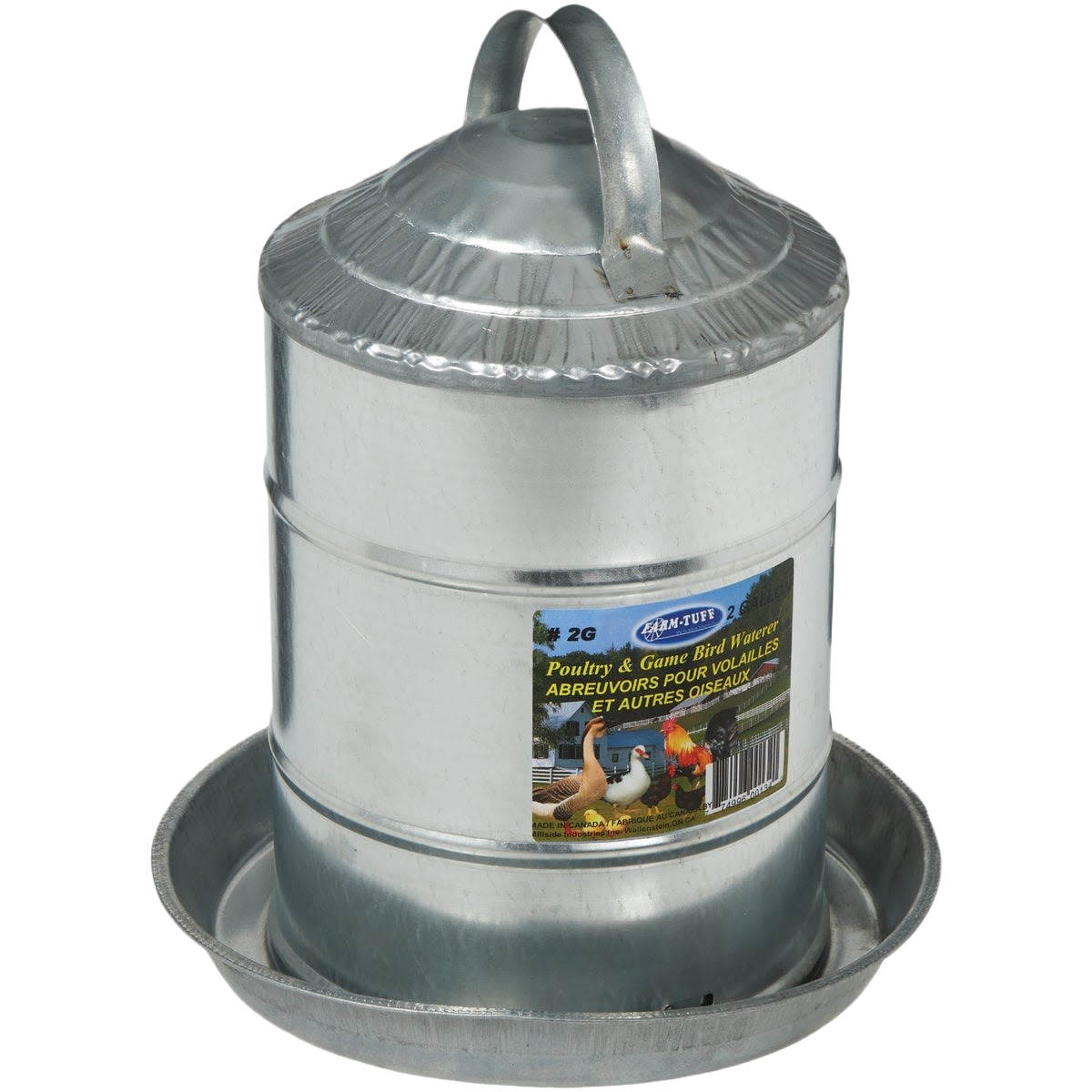 Galvanized double-wall chicken waterer with 2-gallon capacity, sturdy handle, and wide base, designed for durable use in farm, garden & tool and animal care collections.