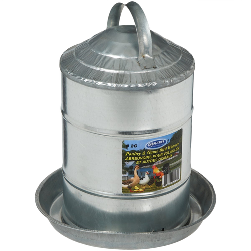 Galvanized double-wall chicken waterer with 2-gallon capacity, sturdy handle, and wide base, designed for durable use in farm, garden & tool and animal care collections.