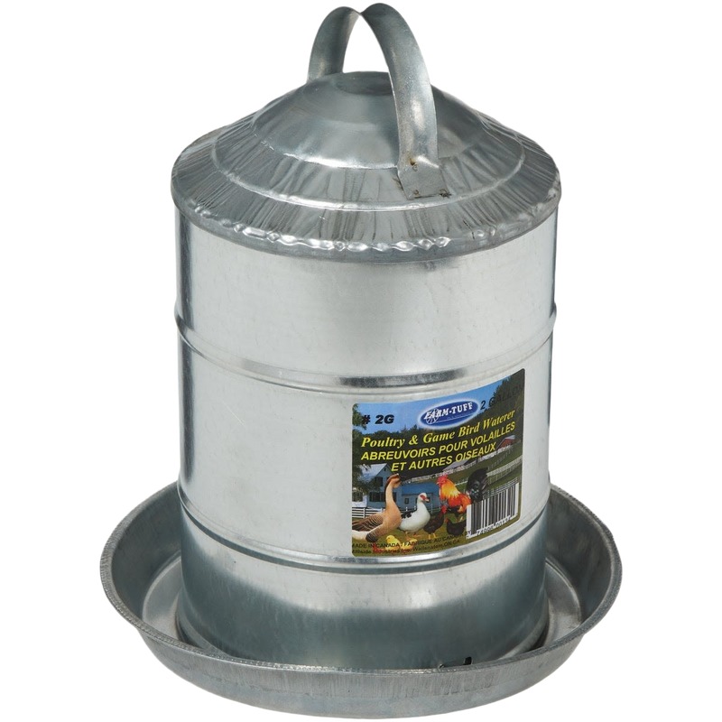 Galvanized double-wall chicken waterer with 2-gallon capacity, sturdy handle, and wide base, designed for durable use in farm, garden & tool and animal care collections.