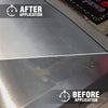 Close-up of stainless steel surface showing a clear contrast between dull, smudged before cleaning and bright, polished after using a stainless-steel cleaner from the Home & Decor and Household Cleaning collections, made in USA.